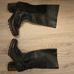 Sorel Addington Knee-High Boots • Black Leather & Suede • Side Zip, Size 11